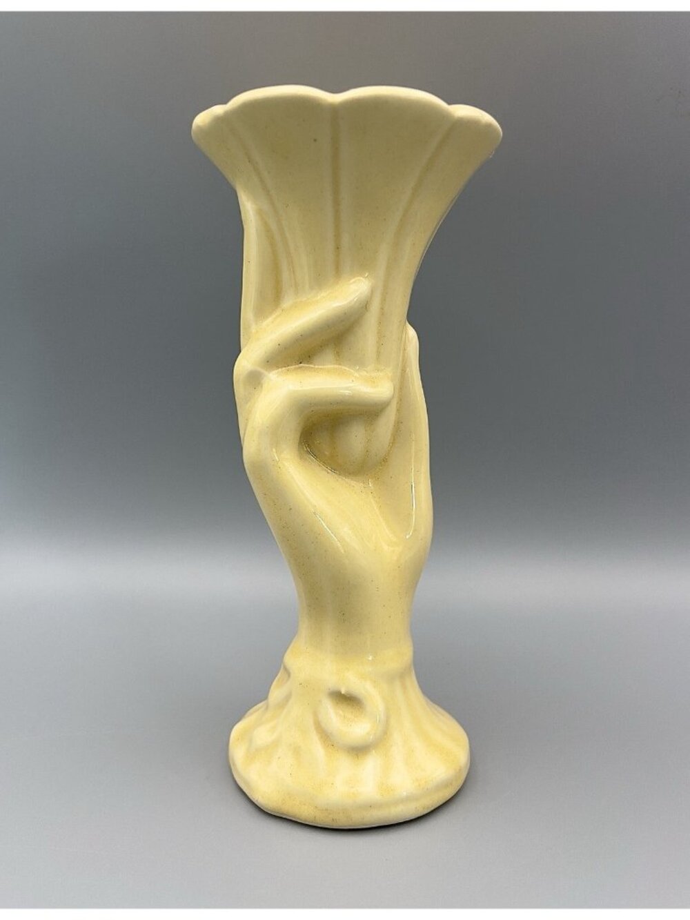 Vintage Shawnee Pottery Hand Vase USA Pale Yellow Art Deco Fluted Flower
